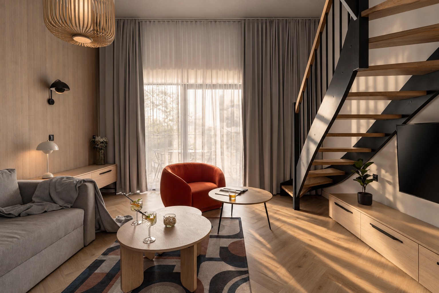 Salon ze schodami i czerwonym fotelem, Apartamenty Rosa Style